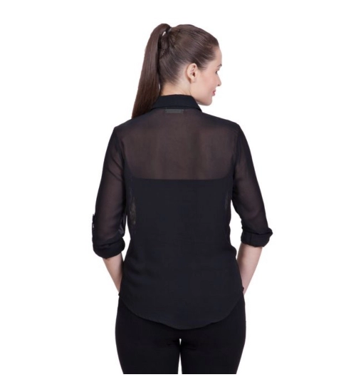 Women's Polyester Printed Roll Up Sleeve Standard Length Shirt (Black)