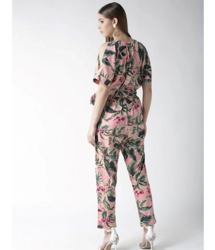 Women's Polyester Floral Half Sleeve Jumpsuit (Pink)