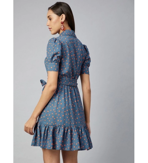 Women's Polyester Polka Short Sleeve Above Knee Dress (Grey - Coral)