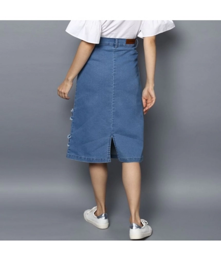 Women's Denim Washed Buttoned Skirt (Blue)