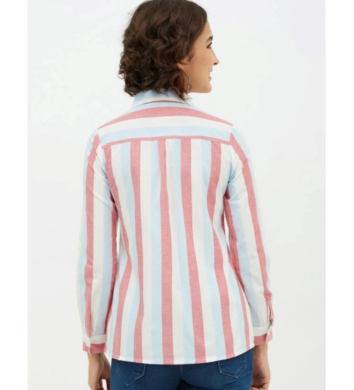 Women's Cotton Striped Long Sleeves Standard Length Shirt (Pink)