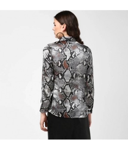 Women's Satin Animal Print Long Sleeves Standard Length Shirt (Black - Grey)
