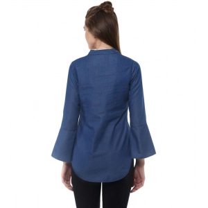 Generic Women's Denim Solid Bell Sleeve Regular Top (Blue Denim)
