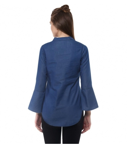 Women's Denim Solid Bell Sleeve Regular Top (Blue Denim)