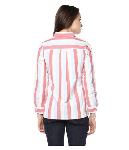 Women's Cotton Striped Roll Up Sleeve Regular Top (Red)