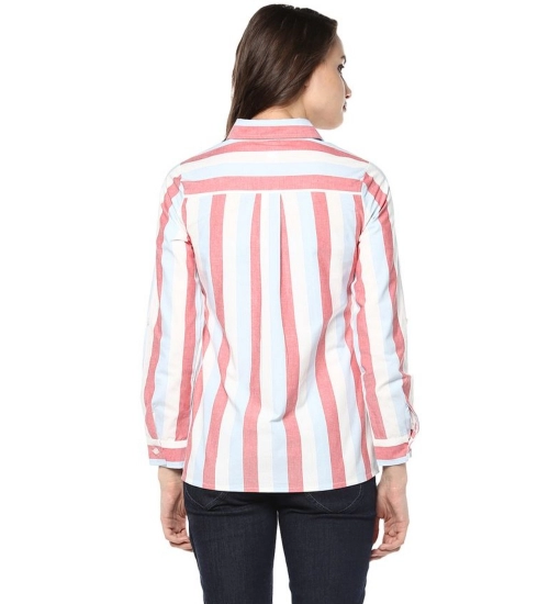 Women's Cotton Striped Roll Up Sleeve Regular Top (Red)