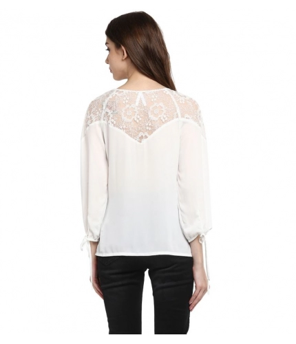 Women's Polyester Georgette Self Design 3-4th Sleeves Regular Top (White)