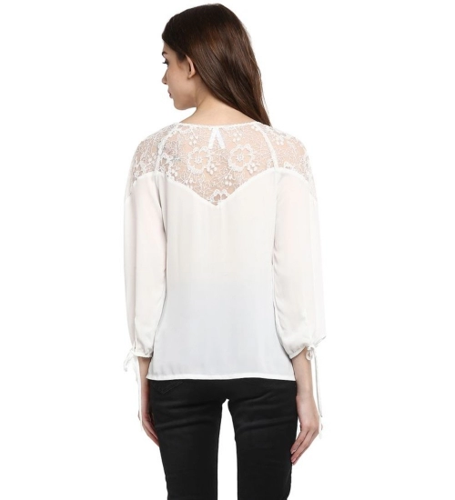 Women's Polyester Georgette Self Design 3-4th Sleeves Regular Top (White)
