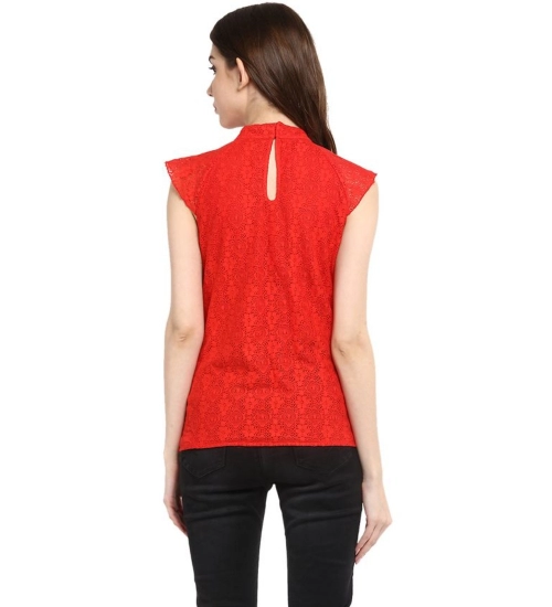 Women's Cotton Lace Embellished Cap Sleeve Regular Top (Red)