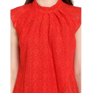 Generic Women's Cotton Lace Embellished Cap Sleeve Regular Top (Red)