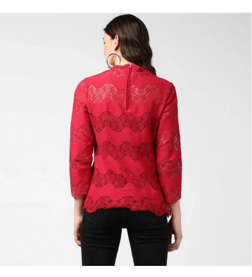 Women's Cotton Self Design Long Sleeves Top (Maroon)