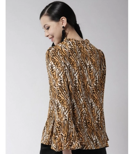 Women's Polyester Printed Bell Sleeve Top (Orange - Black)
