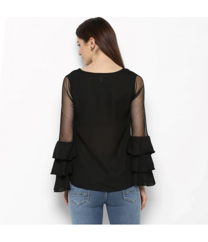 Women's Polyester Solid Tier Sleeve Top (Black)