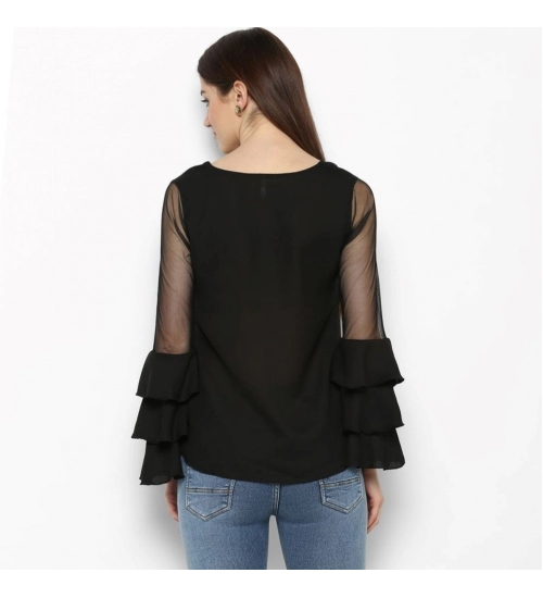 Women's Polyester Solid Tier Sleeve Top (Black)