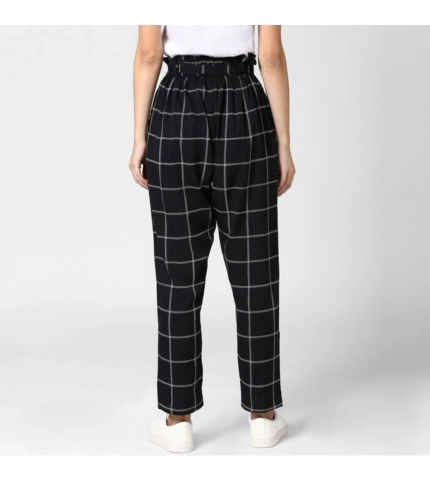 Women's Polyester Checkered Elasticated Trousers (Black - White)
