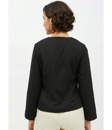 Women's Polyester Asymmetrical Long Sleeves Top (Black)