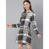 Dropship Women's Cotton Checkered Long Sleeves Above Knee Dress (Olive - White)
