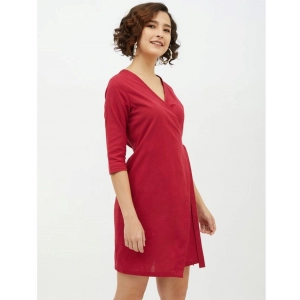 Generic Women's Cotton Wrap 3-4th Sleeves Above Knee Dress (Maroon)