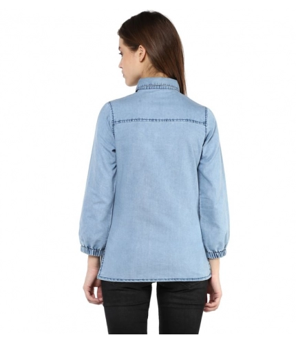 Women's Denim Solid 3-4th Sleeves Standard Length Shirt (Blue)