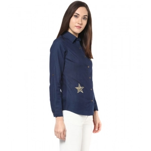 Generic Women's Denim Patch Work Long Sleeves Standard Length Shirt (Blue)