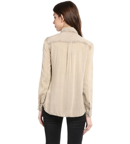 Women's Rayon Solid Long Sleeves Standard Length Shirt (Beige)