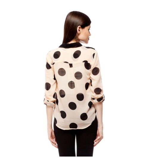 Women's Polyester Polka Roll Up Sleeve Standard Length Shirt (Peach)