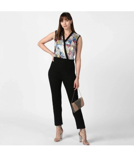 Women's Polyester Embellished Sleeveless Jumpsuit (Black)