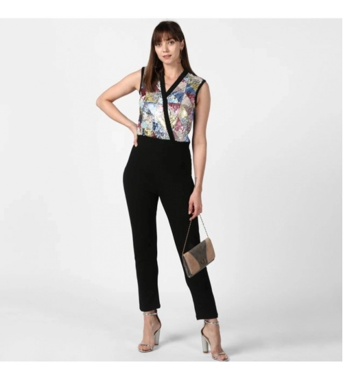 Women's Polyester Embellished Sleeveless Jumpsuit (Black)
