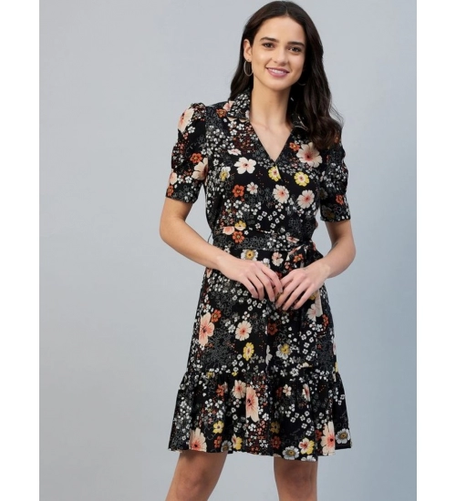 Women's Polyester Floral Short Sleeve Above Knee Dress (Black)