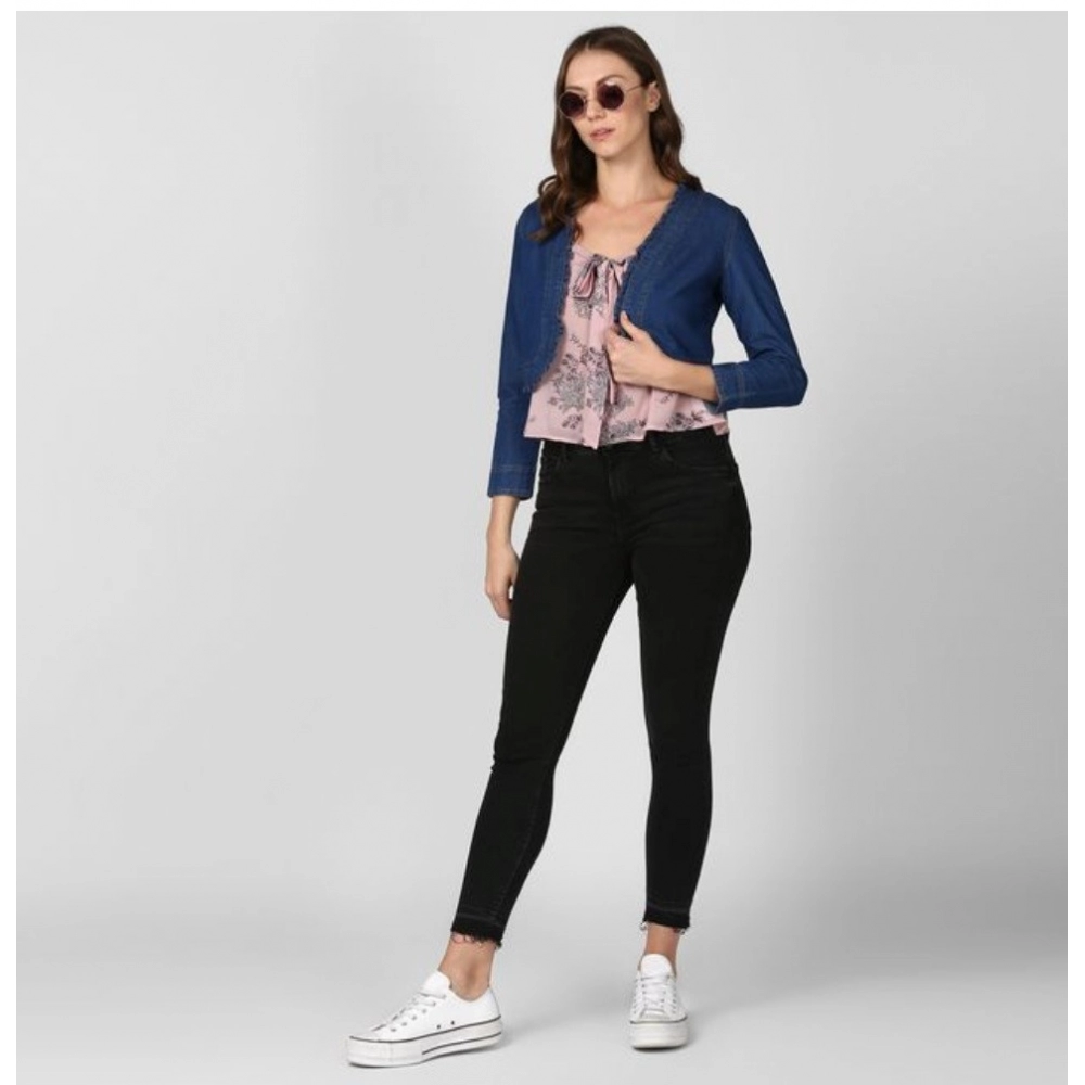 Women's Denim Ruffled Long Sleeves Shrug (Navy Blue) Women's Denim Ruffled Long Sleeves Shrug (Navy Blue)