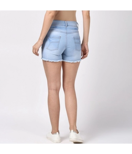 Women's Denim Solid Buttoned Shorts (Blue)