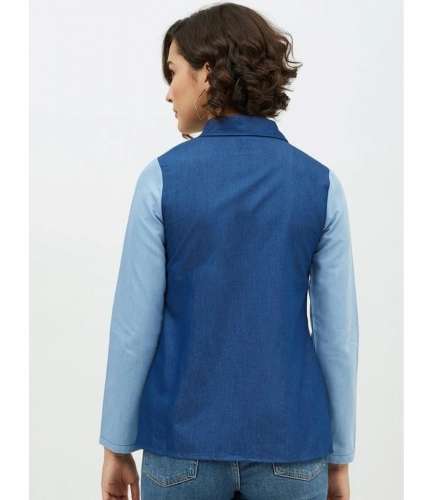 Women's Denim Patch Work Long Sleeves Standard Length Shirt (Blue)