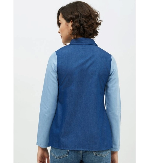 Women's Denim Patch Work Long Sleeves Standard Length Shirt (Blue)