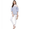 Women's Cotton Striped Cold Shoulder Top (Blue) Women's Cotton Striped Cold Shoulder Top (Blue)
