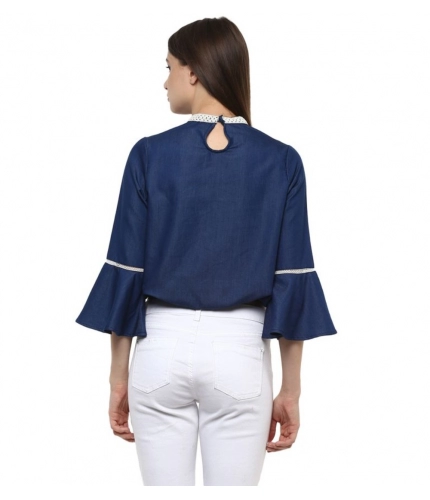Women's Polyester Solid Bell Sleeve Regular Top (Blue)