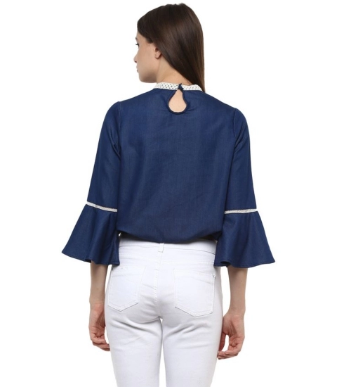 Women's Polyester Solid Bell Sleeve Regular Top (Blue)