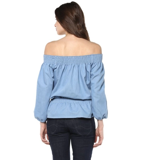 Women's Denim Solid 3-4th Sleeves Regular Top (Blue)