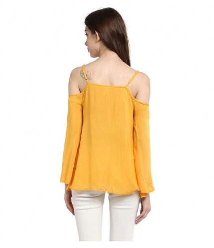 Women's Rayon Embellished Cold Shoulder Regular Top (Mustard Yellow)