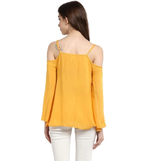 Women's Rayon Embellished Cold Shoulder Regular Top (Mustard Yellow)