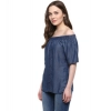 Women's Denim Solid Short Sleeve Regular Top (Blue)