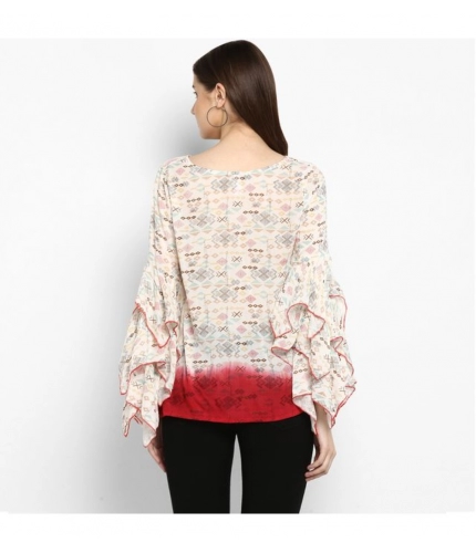Women's Rayon Crepe Printed Ruffle Sleeve Top (Off White - Red)