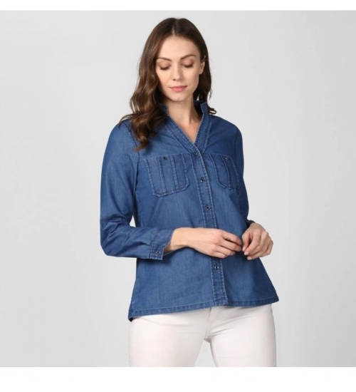 Women's Denim Solid Long Sleeves Top (Blue)