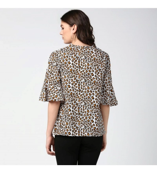 Women's Polyester Animal Print Bell Sleeve Top (Orange - Black)