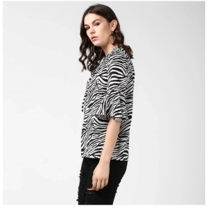 Generic Women's Polyester Animal Print Bell Sleeve Top (Black - White)