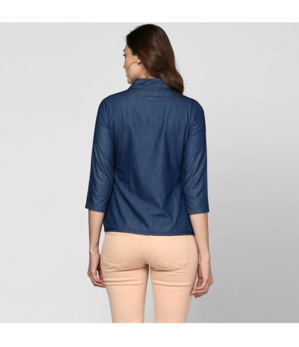 Women's Denim Solid 3-4th Sleeves Top (Blue)