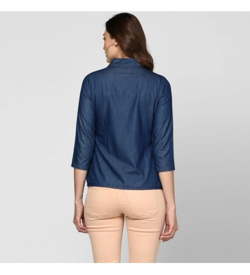 Women's Denim Solid 3-4th Sleeves Top (Blue)