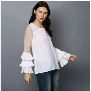 Generic Women's Polyester Solid Tier Sleeve Top (White)