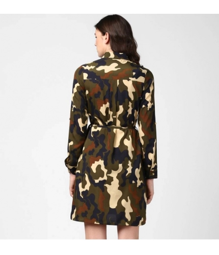 Women's Polyester Printed Roll Up Sleeve Tunic Top (Green - Black)