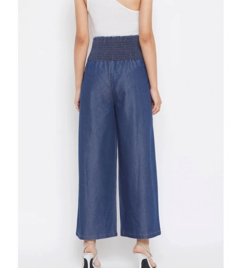 Women's Denim Solid Smocked Trousers (Navy Blue)