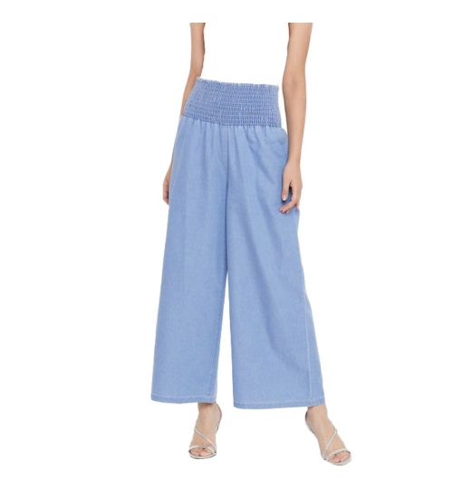 Women's Denim Solid Smocked Trousers (Blue)